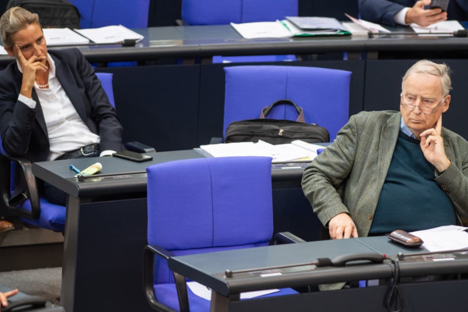 Die Fraktionsvorsitzenden der AfD Alice Weidel und Alexander Gauland sitzen in der Plenarsitzung im Deutschen Bundestag.