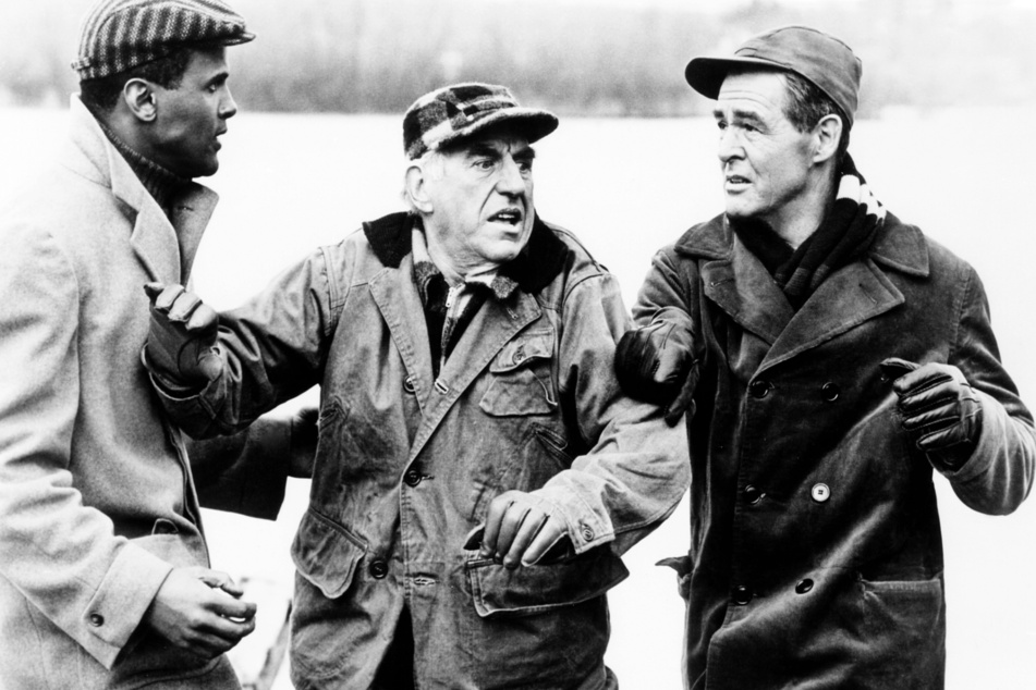 Odds Against Tomorrow, starring Harry Belafonte (l.), Ed Begley (c.), and Robert Ryan (r.), was filmed on location in NYC and Hudson, New York.