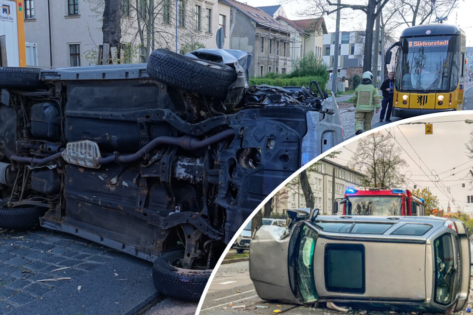 Unfall auf Königsbrücker Straße: Auto kommt ins Schlingern und kippt um