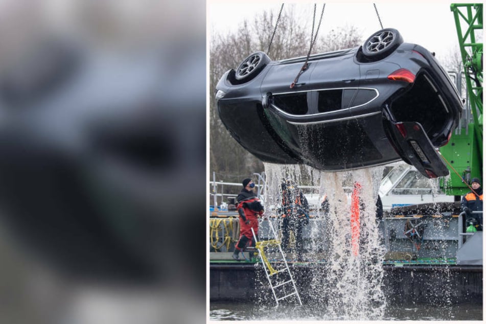 Der BMW wird vom Wasser- und Schifffahrtsamt in der Nähe von Maintal aus dem Main geborgen.
