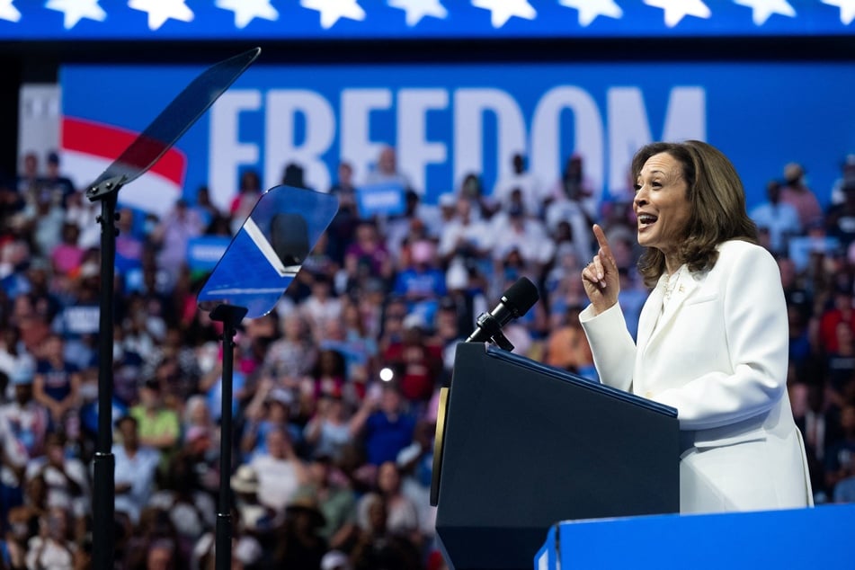 Democratic presidential candidate US Vice President Kamala Harris speaks at a campaign rally at Enmarket Arena during a two-day campaign bus tour in Savannah, Georgia, on Sunday.