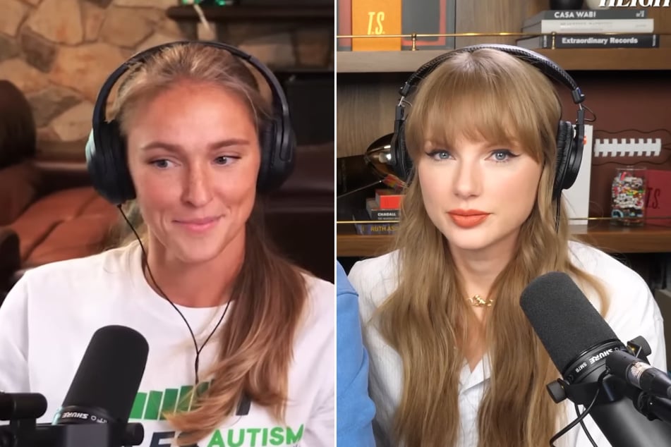 Swifties went into a frenzy after rumors speculated Taylor Swift (r.) and Kylie Kelce would be doing a joint appearance on the New Heights podcast.