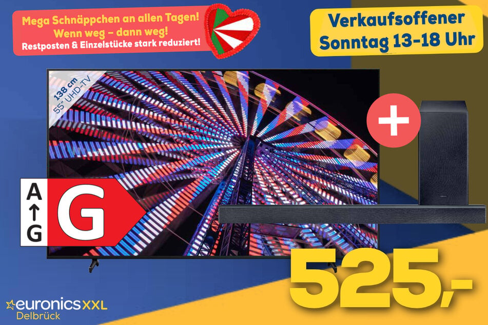 55-Zoll Samsung-Fernseher PLUS Soundbar für 525 Euro.