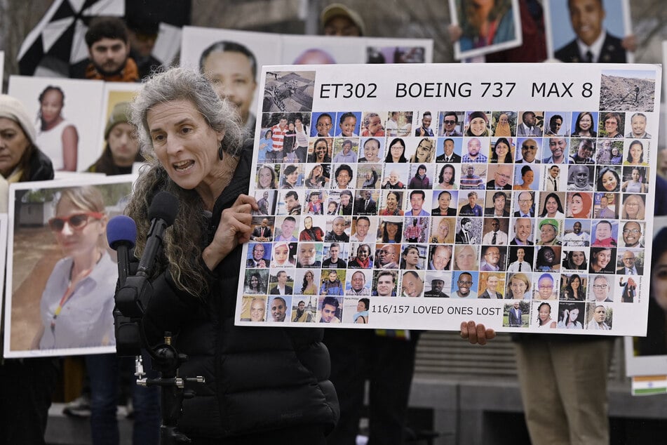 Nadia Milleron, whose daughter Samya Stumo died in the 2019 Boeing 737 MAX crash in Ethiopia, speaks during a memorial protest in Arlington, Virginia, on March 10, 2023.