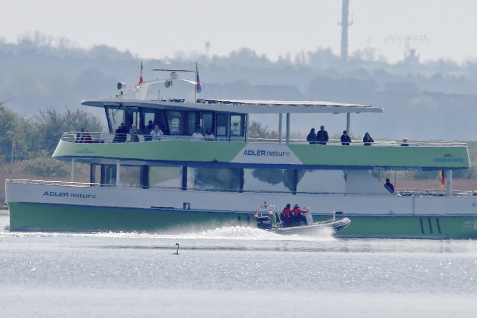 Ein Fahrgastschiff, das in Sichtweite des gestrandeten Buckelwals vorbeifuhr, wird von der Polizei begleitet.