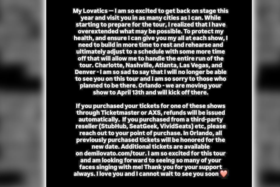 Die Absage der Shows verkündete Demi Lovato über Instagram.