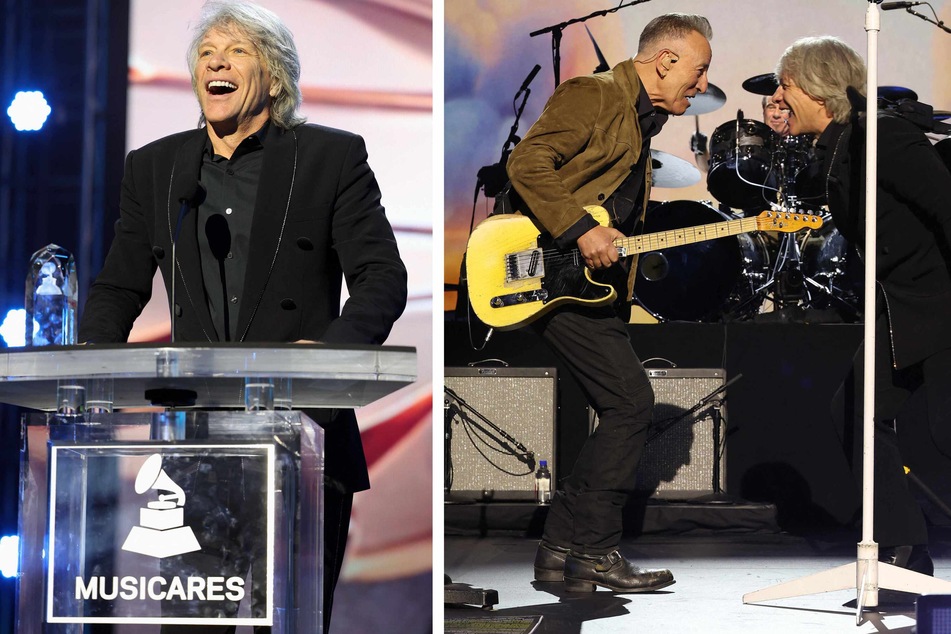 Honoree Jon Bon Jovi (l.) accepted the 2024 MusiCares Person of the Year award during the 66th Grammy Awards in LA on Friday, where he rocked out with fellow New Jerseyan Bruce Springsteen (r.).