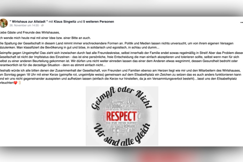 Der Facebook-Aufruf des Wirtshauses vom 26. November.