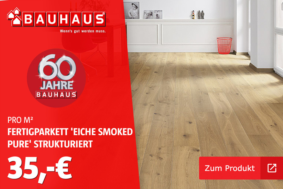 Fertigparkett 'Eiche Smoked pure' strukturiert Naturöl für 35 Euro.