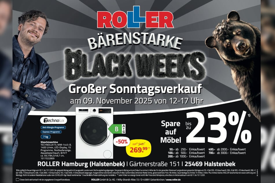 Zur Sonderöffnung (9.11.) bei ROLLER in Halstenbek gibt's Technolux Waschmaschinen satte 50 Prozent günstiger.