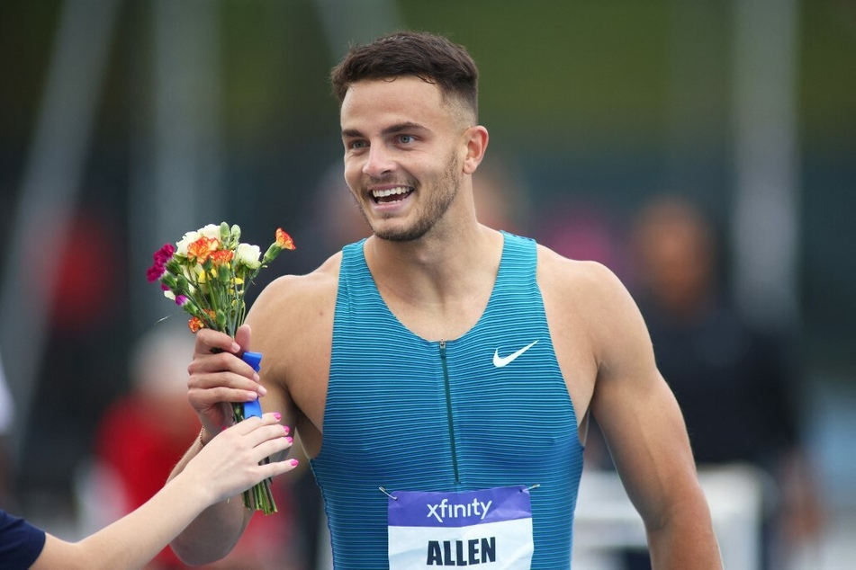Devon Allen celebrated after winning the Men's 110-meter hurdle race during the New York Grand Prix on Sunday.