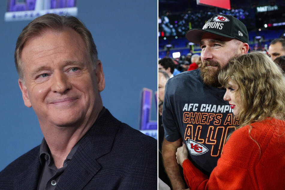 NFL commissioner Roger Goodell has dismissed rightwing conspiracy theories that the Taylor Swift-Travis Kelce romance is staged to rig Super Bowl LVIII.