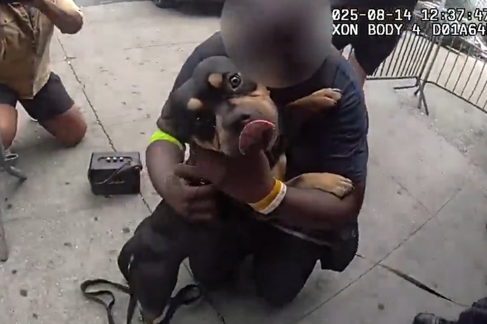 Der aus datenschutzrechtlichen Gründen unkenntlich gemachte Obdachlose nimmt seinen geliebten Hund in die Arme.