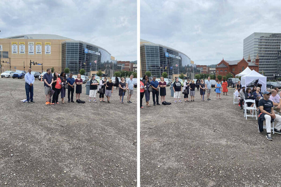 The Pittsburghers attend a service honoring the ancestral land of Bethel AME in the parking lot across from PPG Paints Arena on June 16, 2021.