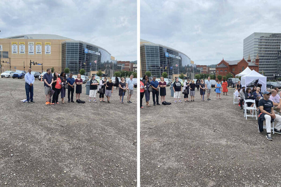 Pittsburghers attend a service honoring the Bethel AME ancestral land in the parking lot across from the PPG Paints Arena on Juneteenth 2021.