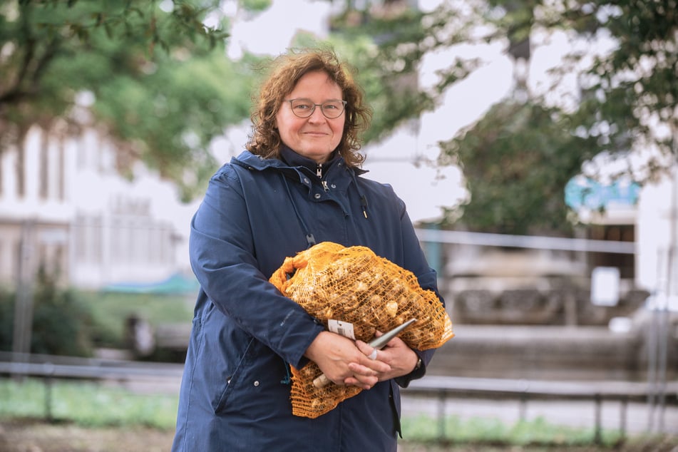 Projektleiterin Jana Kaden (60) vom Amt für Stadtgrün und Abfallwirtschaft ist gespannt, ob sich die insgesamt 13.000 weißen Krokus-, Narzissen- und Traubenhyazinthenzwiebeln im kommenden Jahr auf dem F.-C.-Weiskopf-Platz zeigen werden.