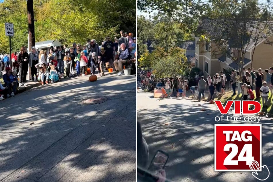 A pumpkin roll turned chaotic when one runaway gourd sped into the crowd and knocked down a child - who thankfully ended up being just fine!