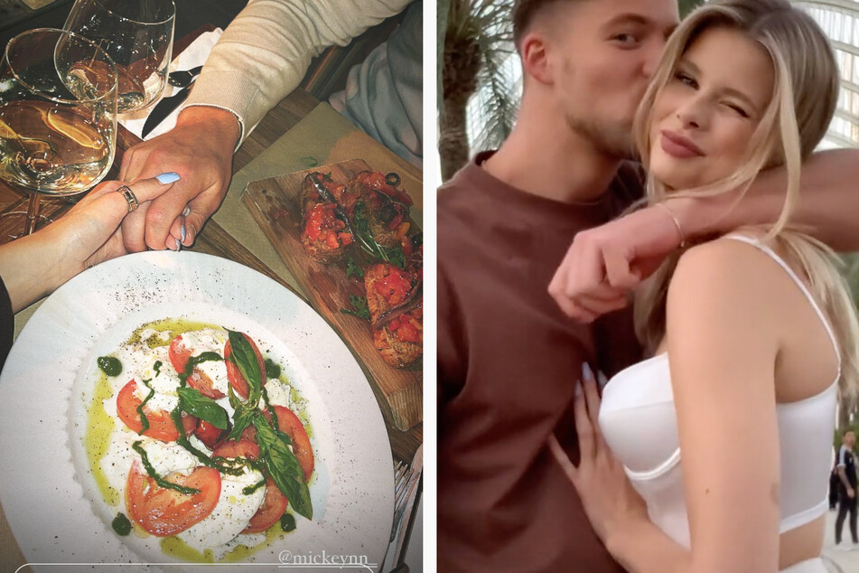 Link ist der Screenshot einer Instagram-Story von Larissa Neumann (21) zu sehen, er zeigt ein Dinner in Valencia inklusive Händchen-Halten. Rechts zeigt die Montage den Screenshot eines TikTok-Videos von Mickey (22): Er und das Model sind offensichtlich sehr vertraut miteinander.