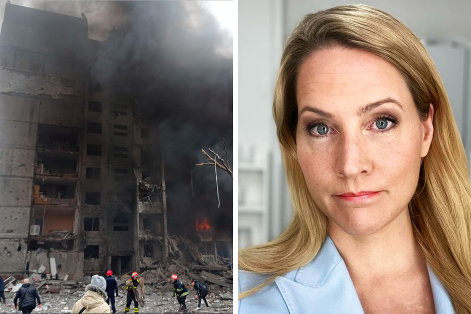 "Tagesschau"-Sprecherin Judith Rakers (46) hat in den sozialen Medien ungewohnt klare Worte für den Krieg in der Ukraine gefunden. Links ist ein zerstörtes Gebäude in Tschernihiw nach einem russischen Luftangriff zu sehen.