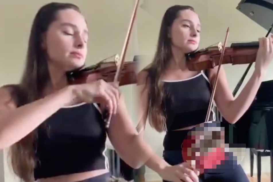 Frau spielt Geige, doch keiner hört auf die Musik
