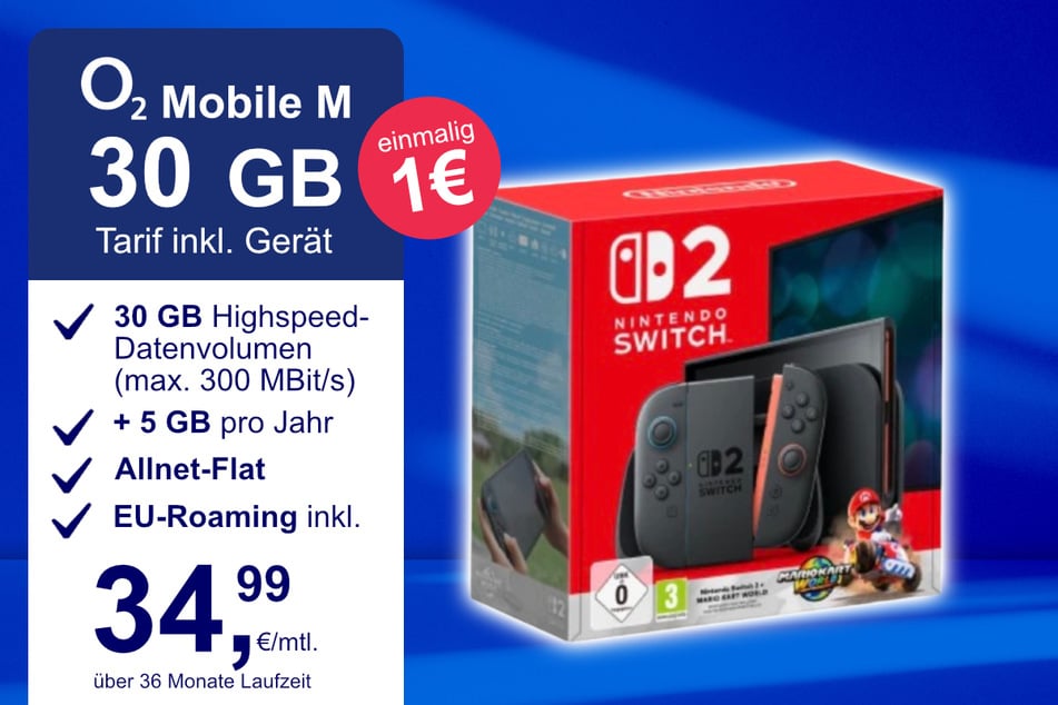 Die Nintendo Switch 2 plus Mario Kart World im o2 Mobile M inkl. 30 GB+ für einmalig nur 1 Euro.