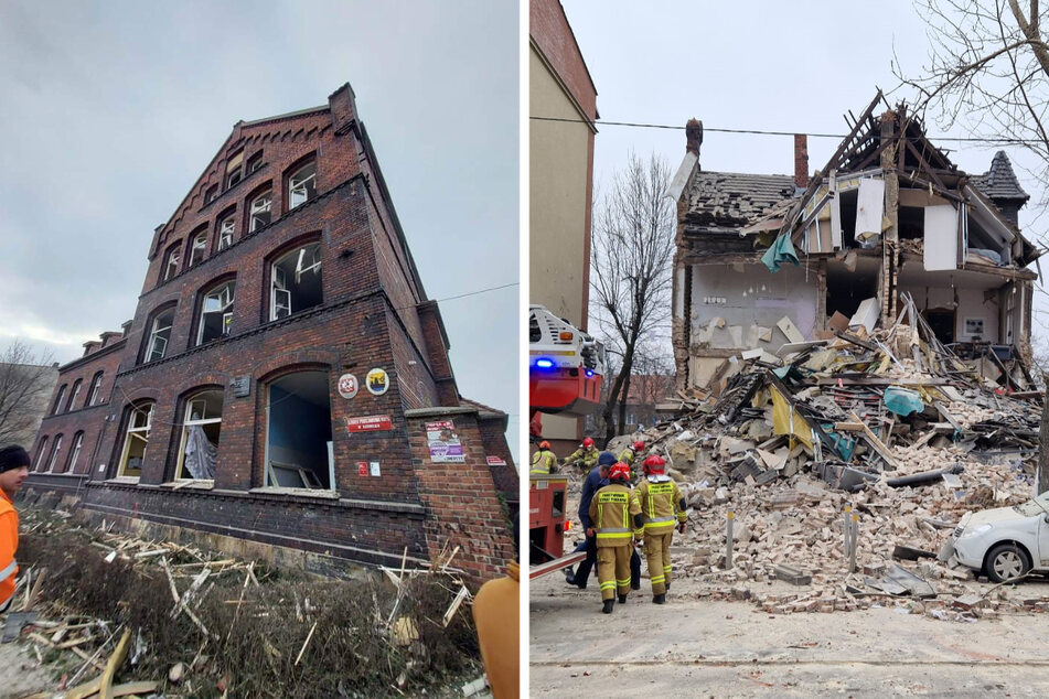 Die massive Explosion zerstörte nicht nur das Wohnhaus (rechts), sondern auch die Fenster der gegenüberliegenden Schule.