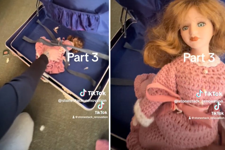 Im Koffer Nummer zwei dann der Schock: Eine angeschnallte Puppe im rosa Kleid - gruselig!