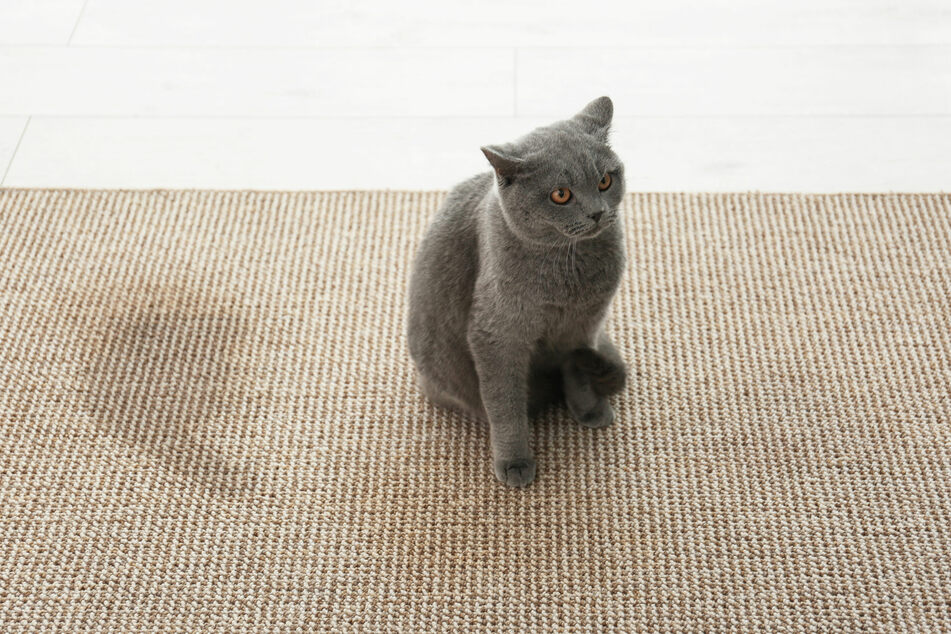 Wer bemerkt, dass die Katze auf den Teppich uriniert hat, sollte den Fleck entfernen, bevor er eintrocknet.