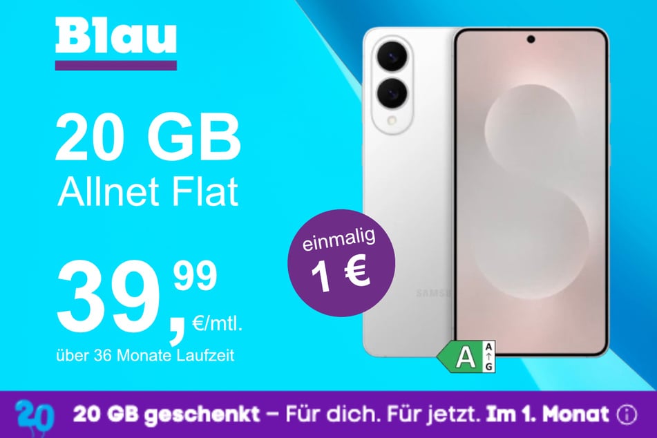 Das Samsung Galaxy S25 Edge im Blau Allnet M für einmalig 1 Euro.