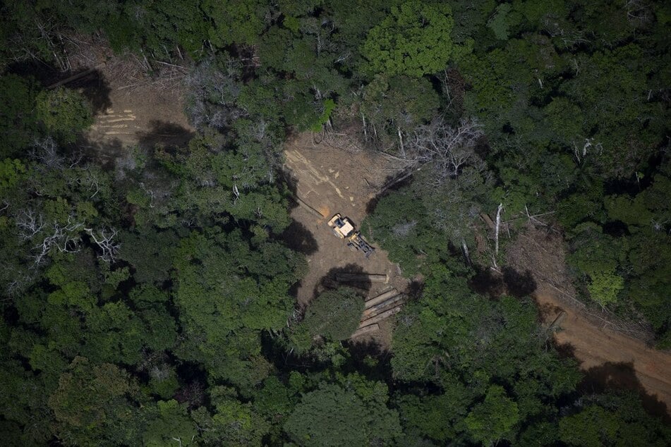 A bulldozer removes wood from a deforested area in the Amazon rainforest in Brazil.