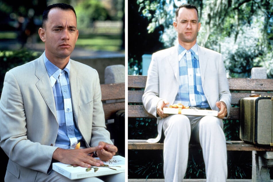 Forrest Gump, played by Tom Hanks, tells his life story to strangers while waiting for a bus in the 1994 classic.