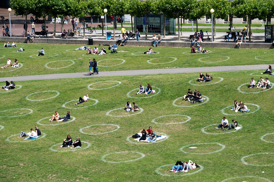 Menschen sitzen auf einer Wiese am Düsseldorfer Rheinufer in aufgemalten Kreisen. (Symbolbild)
