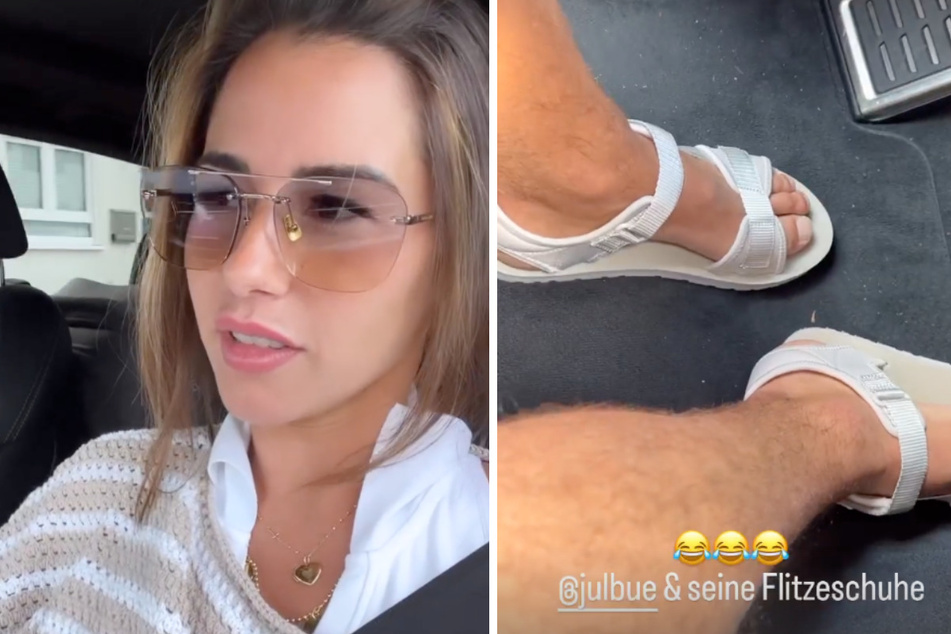 Nachdem sie heimlich von Fotografen abgelichtet wurden, machte sich die 29-Jährige in ihrer Instagram-Story über die Schuhe ihres Göttergatten lustig.