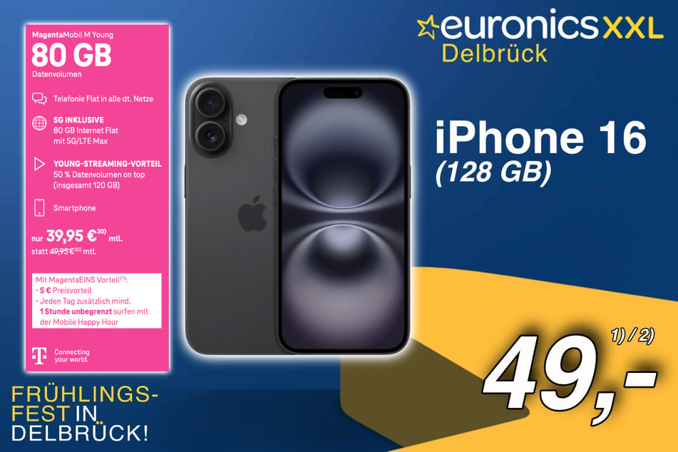 Das iPhone 16 (128 GB) für einmalig nur 49 Euro¹⁾²⁾ im Telekom Tarif.