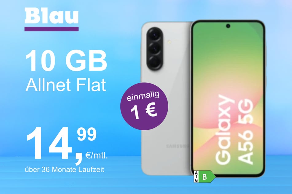 Das Samsung Galaxy A56 5G im Blau Allnet S für einmalig 1 Euro.