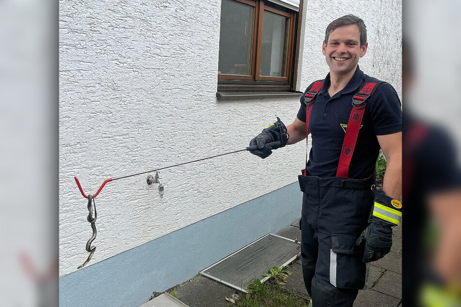 Sicher am Haken: Ein Feuerwehrmann konnte die Ringelnatter aus dem Lichtschacht befreien.