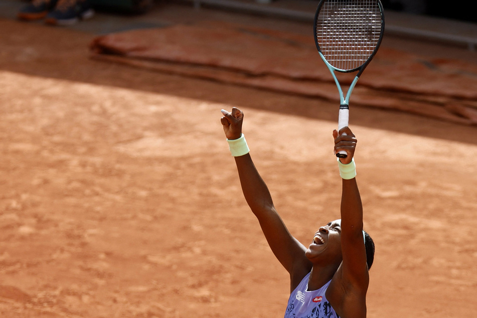 Gauff celebrates at the end of her French Open quarterfinal win over Sloane Stephen.