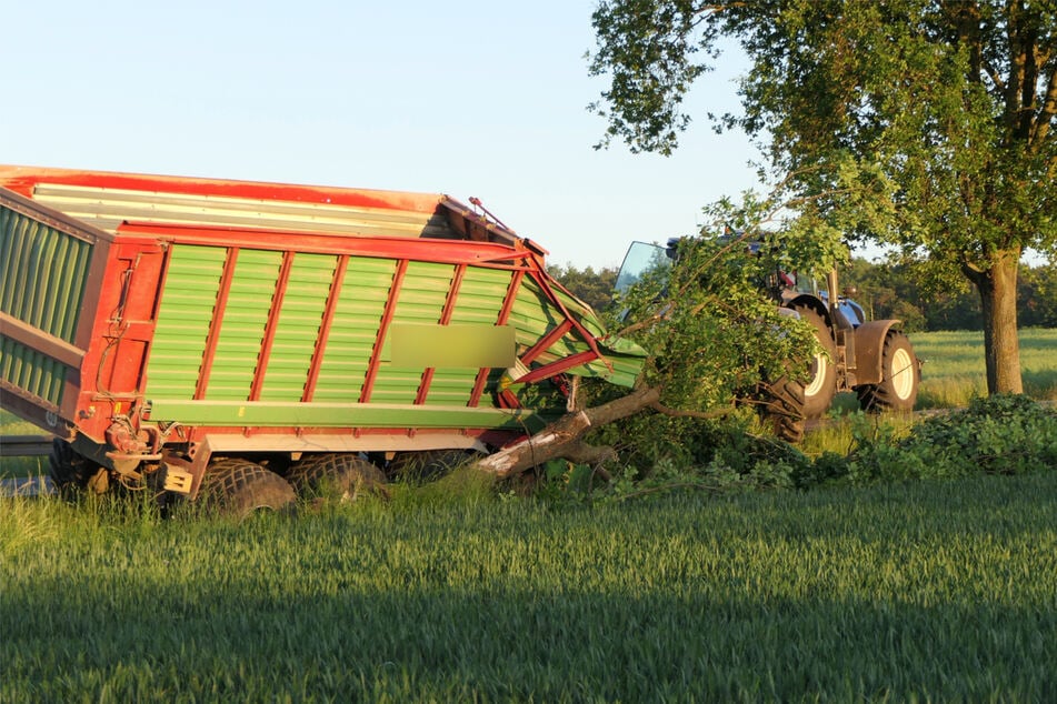 Der Traktor prallte gegen einen Baum.