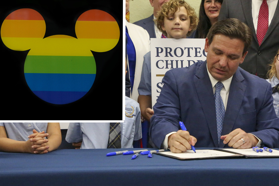 Florida Governor Ron DeSantis signed the Parental Rights in Education bill into law at Classical Preparatory School on Monday (r.), while the Walt Disney Company has vowed they are now committing to work to repeal it.