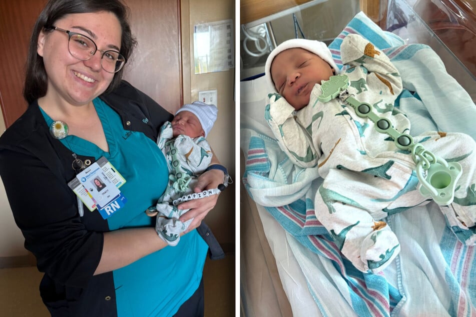 Der kleine Champion wurde kurz nach der Ankunft seiner ahnungslosen Mutter im Krankenhaus geboren, im linken Bild hält ihn die Hebamme im Arm.