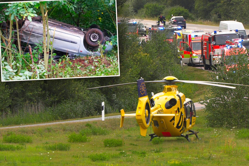 Unfall A14: Auto überschlägt sich auf A14 bei Leipzig: Zwei Schwerverletzte - Hubschrauber im Einsatz