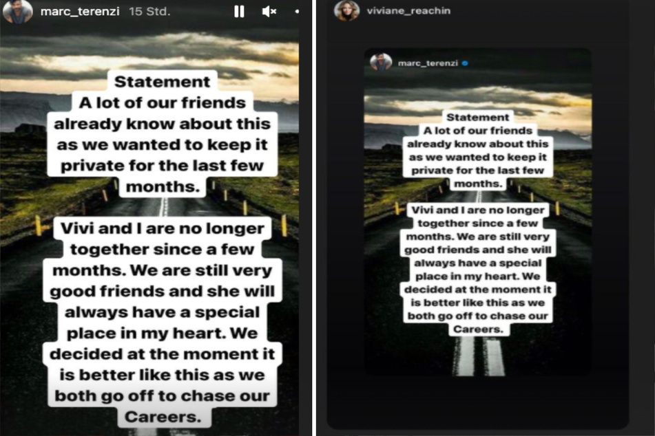 In seiner Instagram-Story äußerte sich Marc zur Trennung. Kurz darauf teilte auch Viviane das Statement auf ihrer Seite.