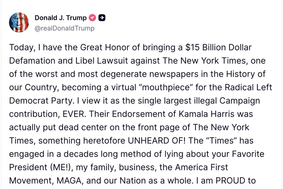 Via "Truth Social" kündigte Trump die Milliarden-Klage gegen die "New York Times" an...