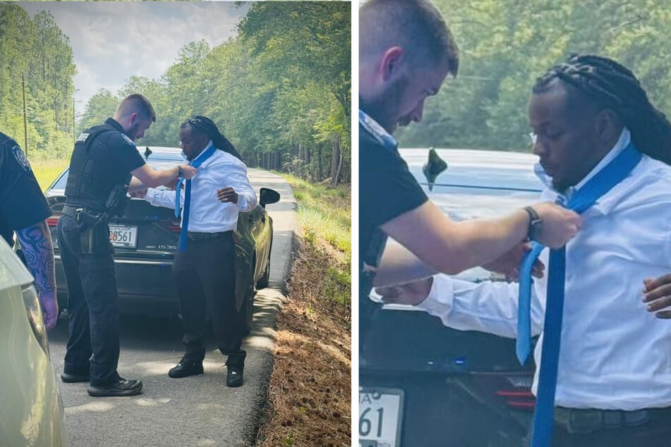 Am Rande des Highway 21 sprang ein Uniformierter einem fremden Autofahrer zu Hilfe und band ihm die Krawatte richtig.