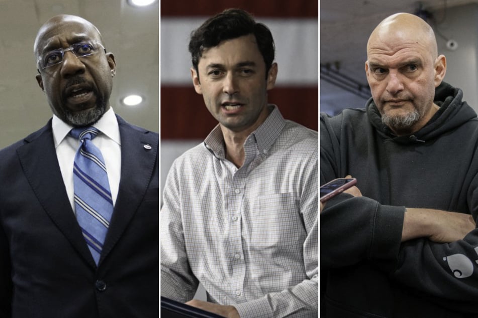 From l. to r.: Raphael Warnock, Jon Ossoff, and John Fetterman were among the 12 Democratic senators who voted in favor of the Laken Riley Act.