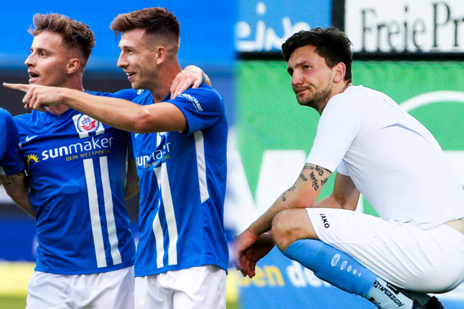 Duell der Gegensätze: Während der FC Hansa Rostock (l.) noch hofft, auf den Aufstiegsrelegationsplatz springen zu können, will der Chemnitzer FC den Abstieg in die viertklassige Regionalliga Nordost noch irgendwie verhindern.