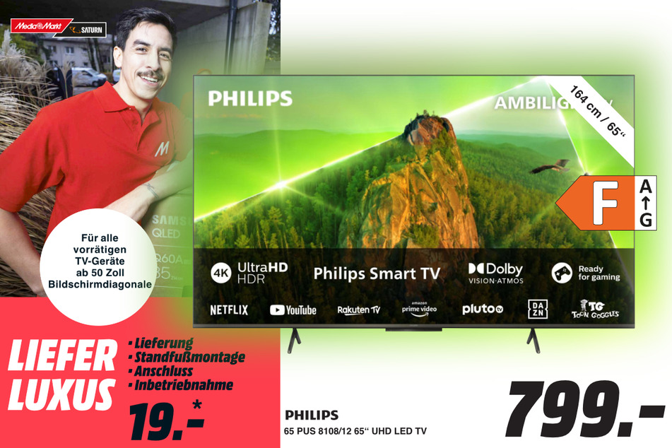 65-Zoll Philips-Fernseher 65PUS8108/12
für 799 Euro.