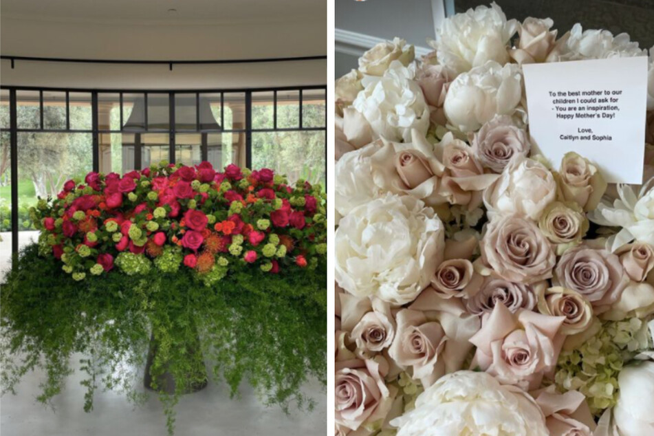 Kourtney's gigantic flower gift from Travis Barker (l.) and Kris Jenner's gift from Caitlyn Jenner (r.).