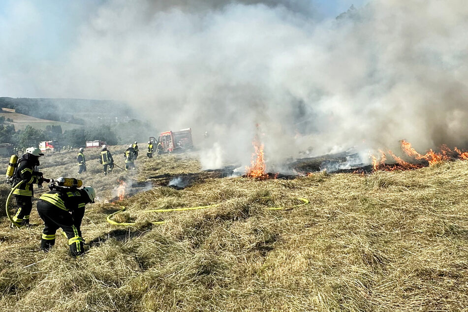 Das Feuer griff auf das geerntete Heu und die Wiese über, doch die Feuerwehr konnte einen Flächenbrand verhindern.