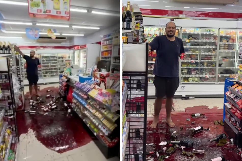 Un turista rompe botellas de vino en un supermercado